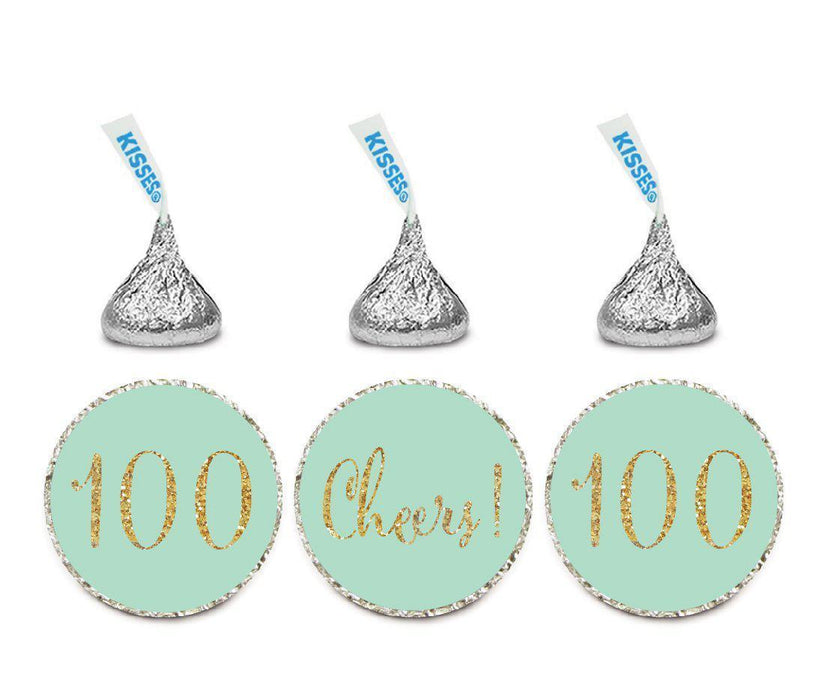 Gold Glitter Hershey's Kisses Stickers, Cheers 100, Happy 100th Birthday, Anniversary, Reunion-Set of 216-Andaz Press-Mint Green-