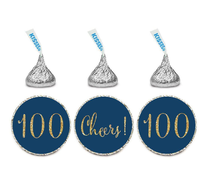 Gold Glitter Hershey's Kisses Stickers, Cheers 100, Happy 100th Birthday, Anniversary, Reunion-Set of 216-Andaz Press-Navy Blue-