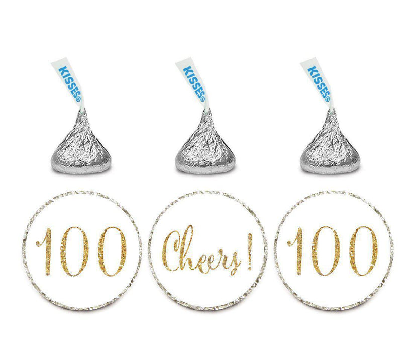 Gold Glitter Hershey's Kisses Stickers, Cheers 100, Happy 100th Birthday, Anniversary, Reunion-Set of 216-Andaz Press-White-