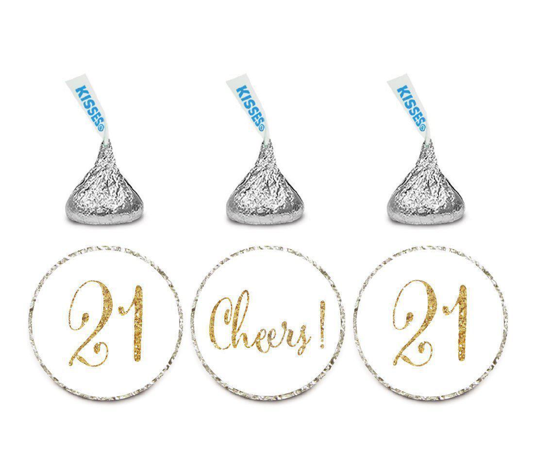 Gold Glitter Hershey's Kisses Stickers, Cheers 21, Happy 21st Birthday, Anniversary, Reunion-Set of 216-Andaz Press-White-