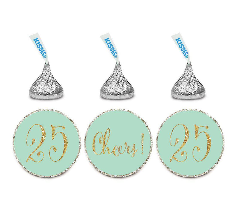 Gold Glitter Hershey's Kisses Stickers, Cheers 25, Happy 25th Birthday, Anniversary, Reunion-Set of 216-Andaz Press-White-