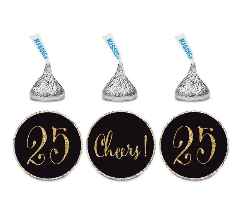 Gold Glitter Hershey's Kisses Stickers, Cheers 25, Happy 25th Birthday, Anniversary, Reunion-Set of 216-Andaz Press-Black-