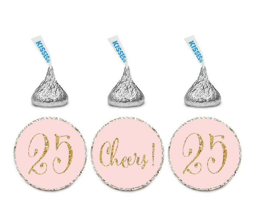 Gold Glitter Hershey's Kisses Stickers, Cheers 25, Happy 25th Birthday, Anniversary, Reunion-Set of 216-Andaz Press-Blush Pink-