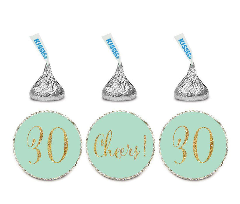 Gold Glitter Hershey's Kisses Stickers, Cheers 30, Happy 30th Birthday, Anniversary, Reunion-Set of 216-Andaz Press-Mint Green-