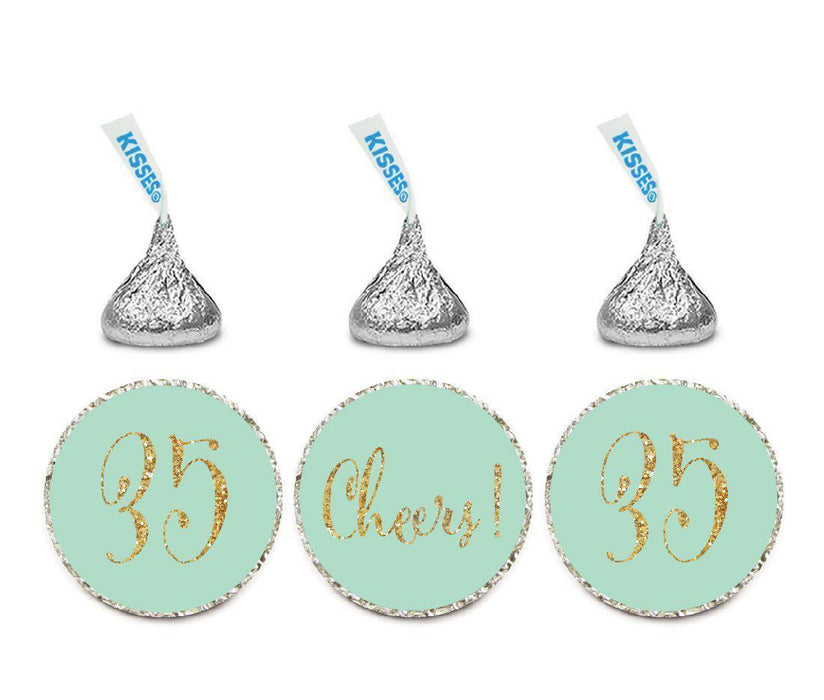Gold Glitter Hershey's Kisses Stickers, Cheers 35, Happy 35th Birthday, Anniversary, Reunion-Set of 216-Andaz Press-Mint Green-