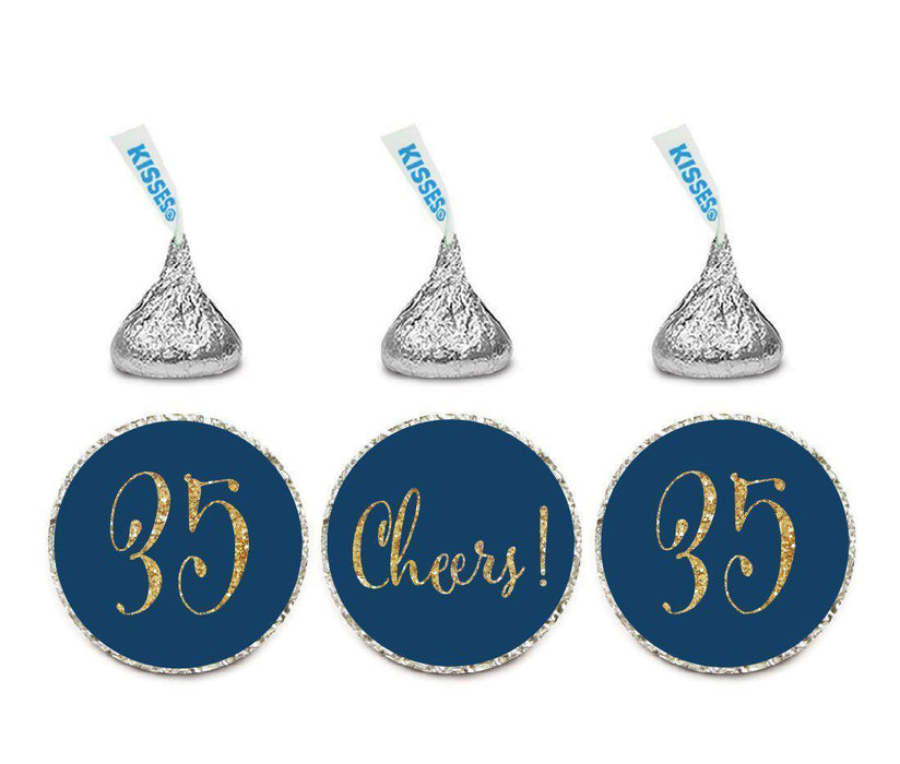 Gold Glitter Hershey's Kisses Stickers, Cheers 35, Happy 35th Birthday, Anniversary, Reunion-Set of 216-Andaz Press-Navy Blue-