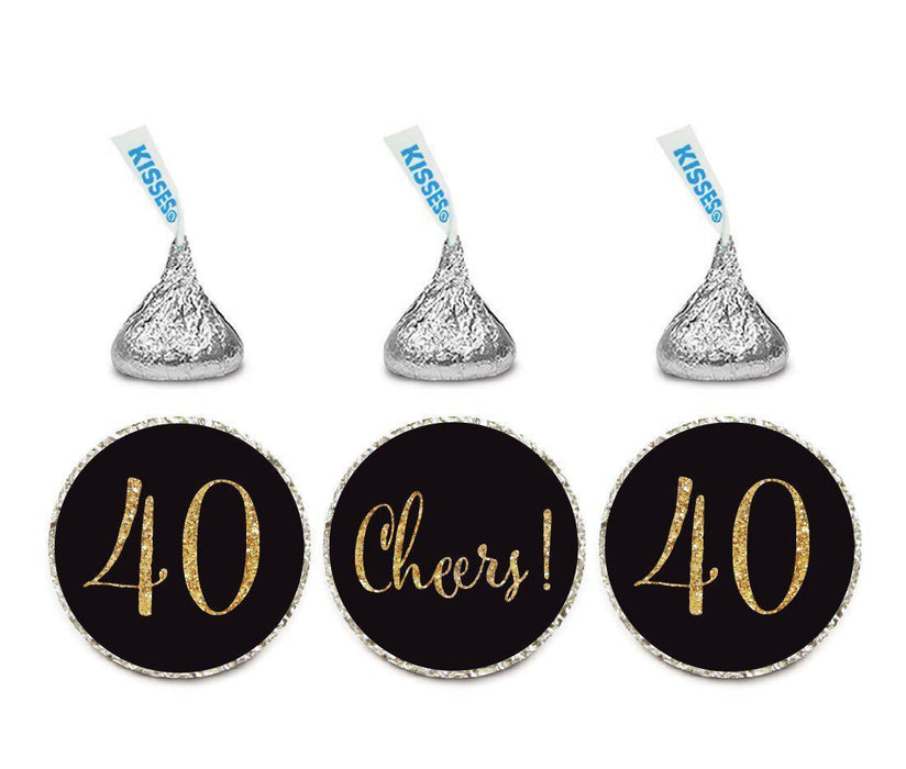 Gold Glitter Hershey's Kisses Stickers, Cheers 40, Happy 40th Birthday, Anniversary, Reunion-Set of 216-Andaz Press-Black-