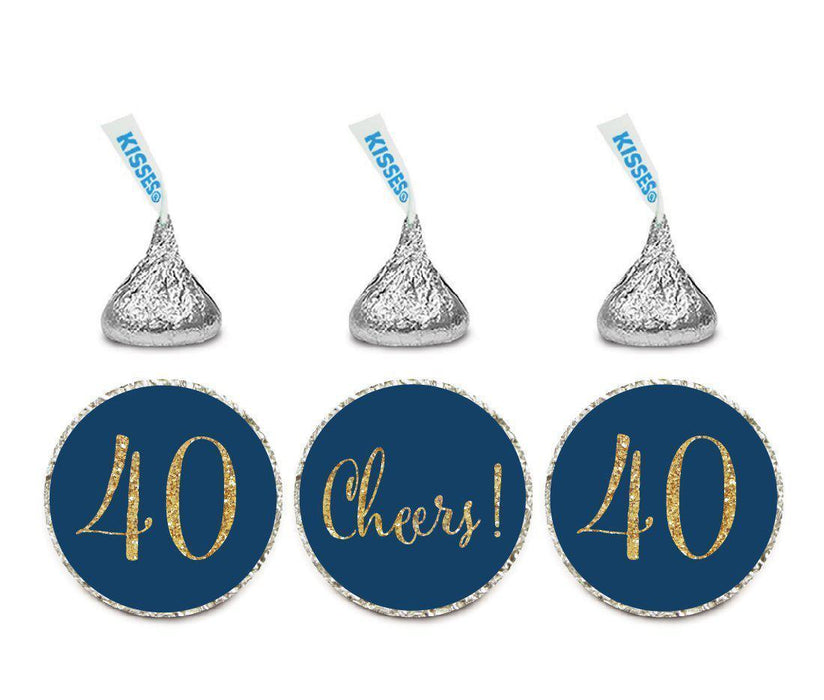 Gold Glitter Hershey's Kisses Stickers, Cheers 40, Happy 40th Birthday, Anniversary, Reunion-Set of 216-Andaz Press-Navy Blue-