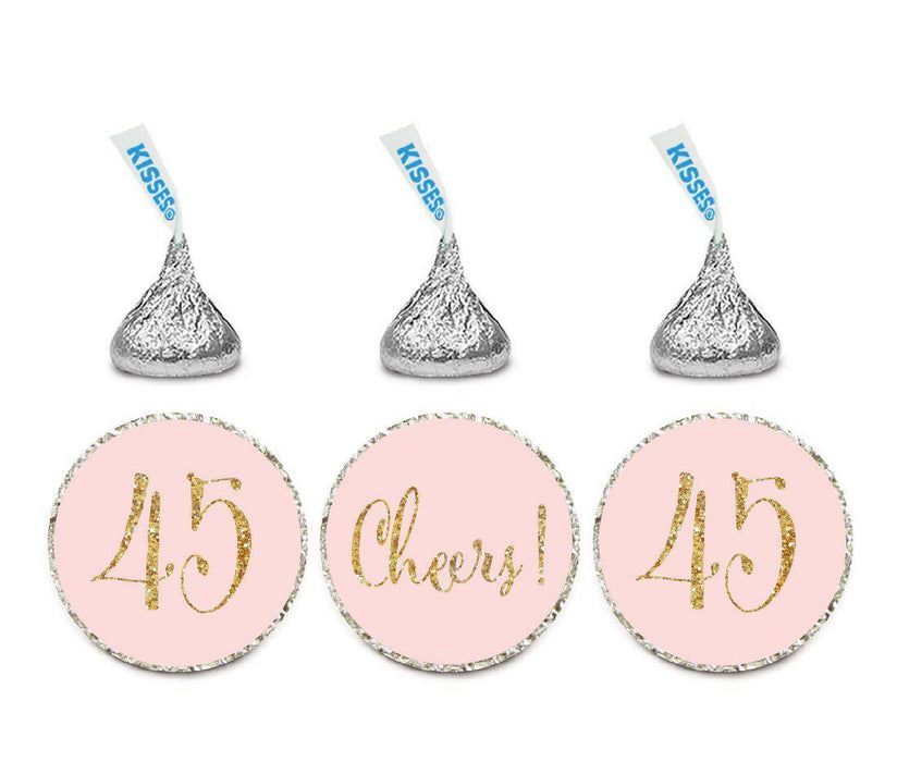 Gold Glitter Hershey's Kisses Stickers, Cheers 45, Happy 45th Birthday, Anniversary, Reunion-Set of 216-Andaz Press-White-