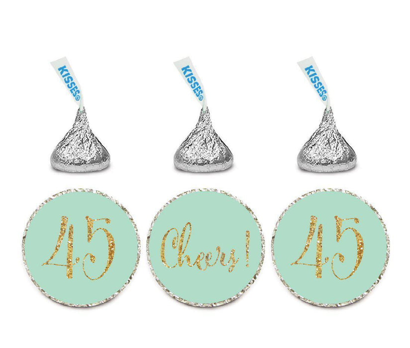 Gold Glitter Hershey's Kisses Stickers, Cheers 45, Happy 45th Birthday, Anniversary, Reunion-Set of 216-Andaz Press-White-