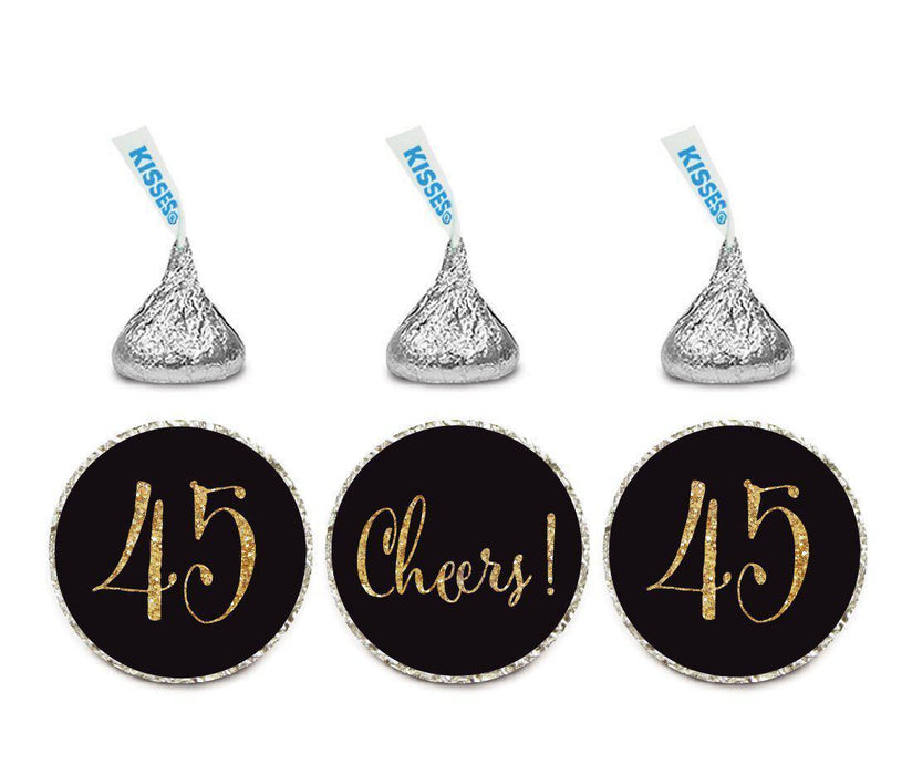 Gold Glitter Hershey's Kisses Stickers, Cheers 45, Happy 45th Birthday, Anniversary, Reunion-Set of 216-Andaz Press-White-
