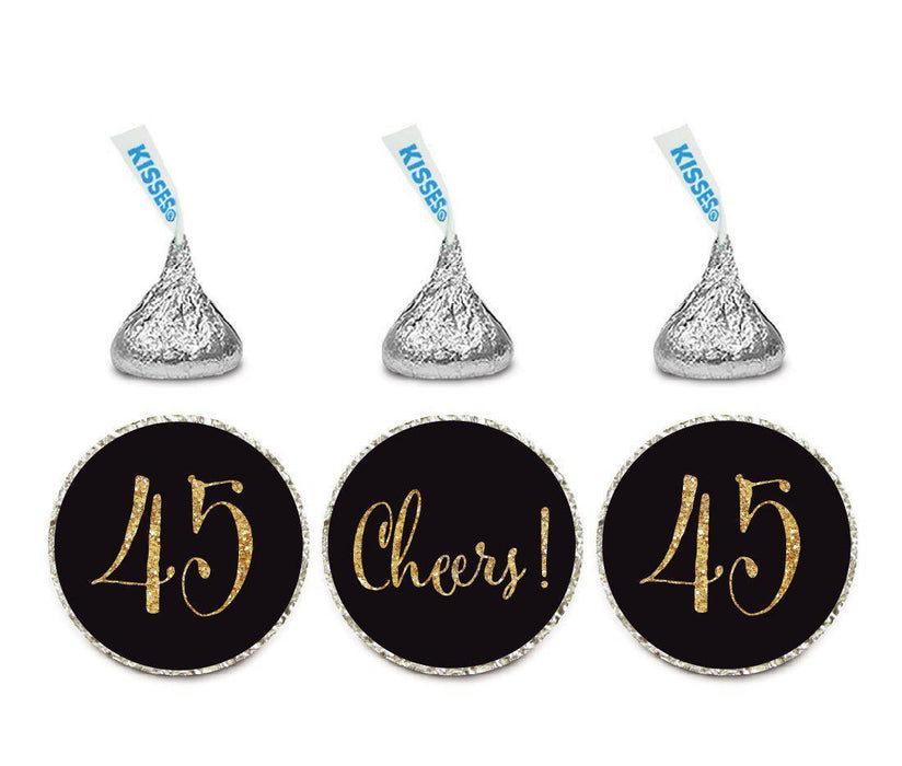Gold Glitter Hershey's Kisses Stickers, Cheers 45, Happy 45th Birthday, Anniversary, Reunion-Set of 216-Andaz Press-Black-