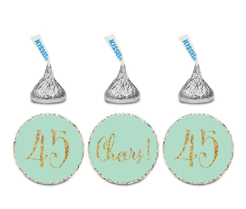 Gold Glitter Hershey's Kisses Stickers, Cheers 45, Happy 45th Birthday, Anniversary, Reunion-Set of 216-Andaz Press-Mint Green-