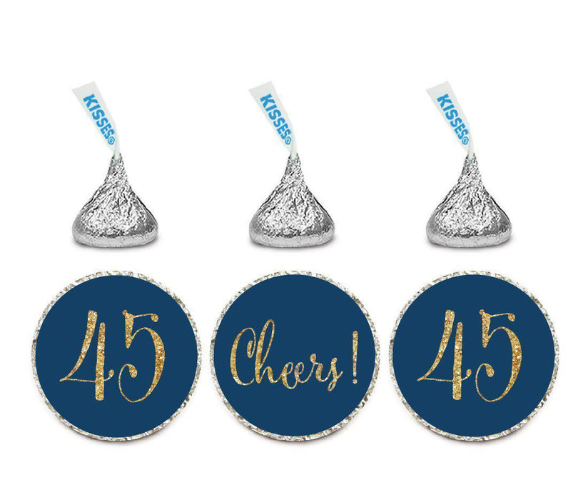 Gold Glitter Hershey's Kisses Stickers, Cheers 45, Happy 45th Birthday, Anniversary, Reunion-Set of 216-Andaz Press-Navy Blue-