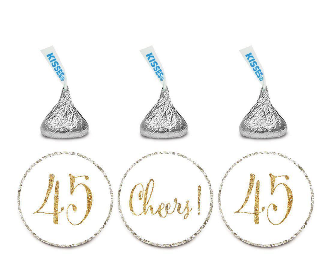 Gold Glitter Hershey's Kisses Stickers, Cheers 45, Happy 45th Birthday, Anniversary, Reunion-Set of 216-Andaz Press-White-