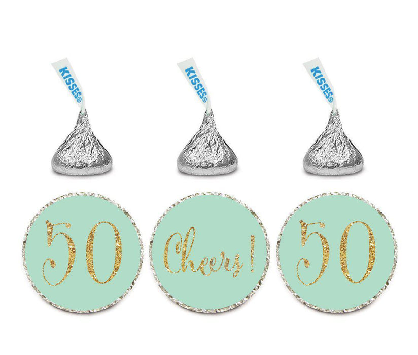 Gold Glitter Hershey's Kisses Stickers, Cheers 50, Happy 50th Birthday, Anniversary, Reunion-Set of 216-Andaz Press-Mint Green-