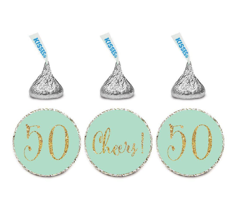 Gold Glitter Hershey's Kisses Stickers, Cheers 50, Happy 50th Birthday, Anniversary, Reunion-Set of 216-Andaz Press-Mint Green-