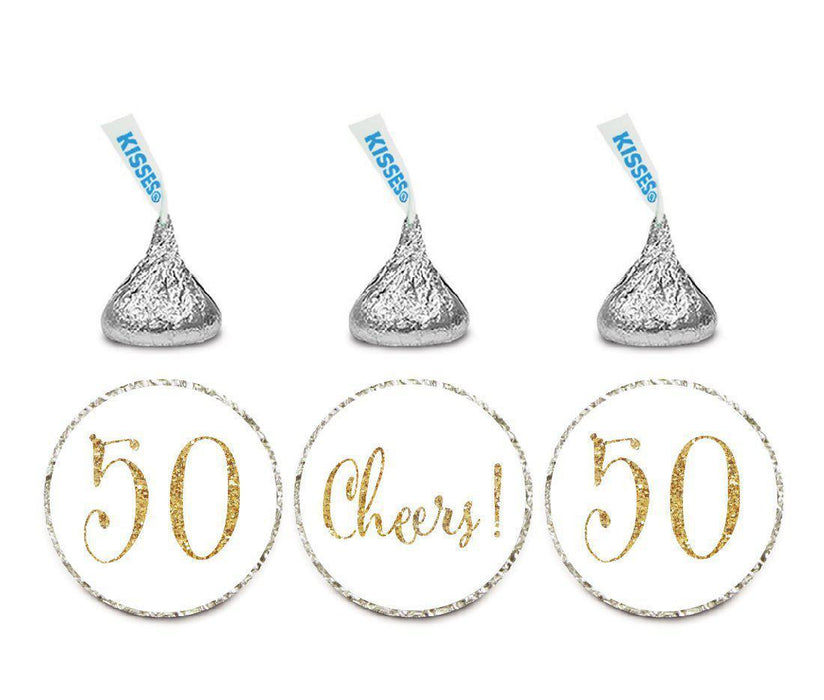 Gold Glitter Hershey's Kisses Stickers, Cheers 50, Happy 50th Birthday, Anniversary, Reunion-Set of 216-Andaz Press-White-