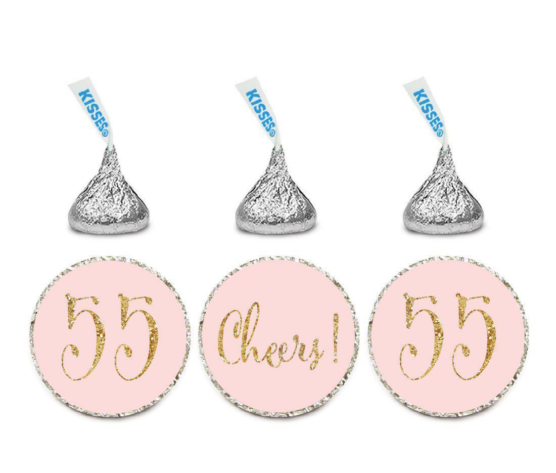 Gold Glitter Hershey's Kisses Stickers, Cheers 55, Happy 55th Birthday, Anniversary, Reunion-Set of 216-Andaz Press-Blush Pink-