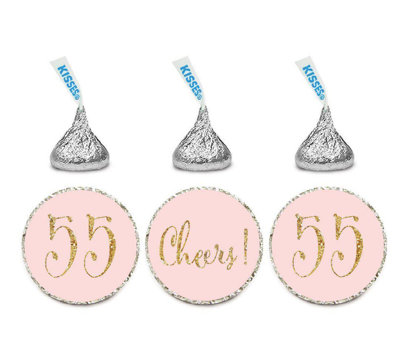 Gold Glitter Hershey's Kisses Stickers, Cheers 55, Happy 55th Birthday, Anniversary, Reunion-Set of 216-Andaz Press-Blush Pink-