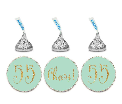 Gold Glitter Hershey's Kisses Stickers, Cheers 55, Happy 55th Birthday, Anniversary, Reunion-Set of 216-Andaz Press-Mint Green-