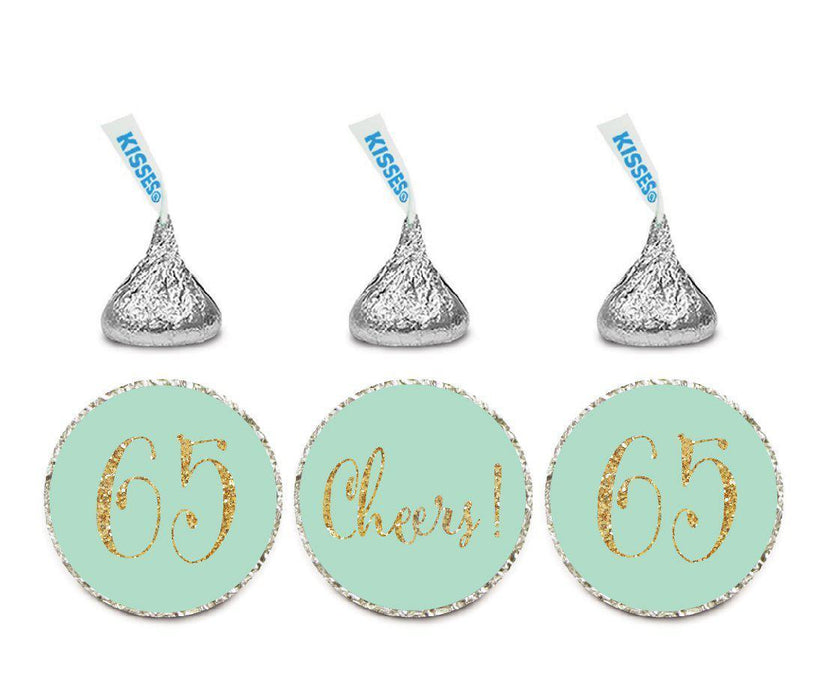 Gold Glitter Hershey's Kisses Stickers, Cheers 65, Happy 65th Birthday, Anniversary, Reunion-Set of 216-Andaz Press-White-