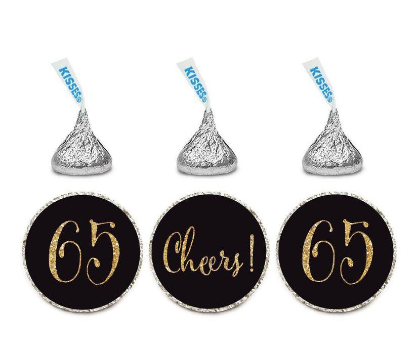 Gold Glitter Hershey's Kisses Stickers, Cheers 65, Happy 65th Birthday, Anniversary, Reunion-Set of 216-Andaz Press-White-