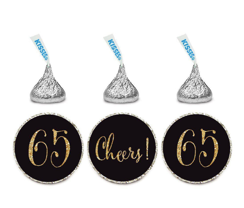 Gold Glitter Hershey's Kisses Stickers, Cheers 65, Happy 65th Birthday, Anniversary, Reunion-Set of 216-Andaz Press-Black-