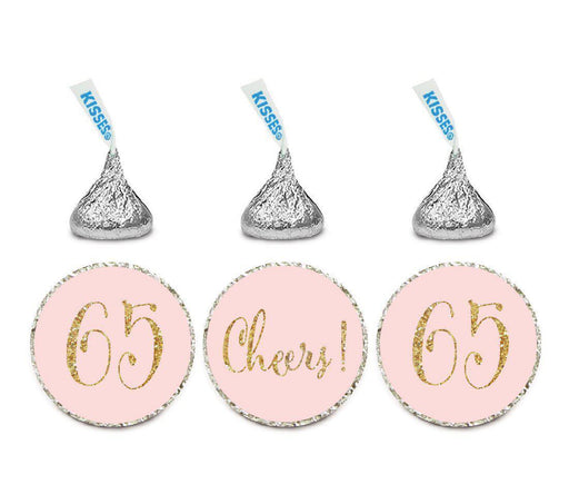 Gold Glitter Hershey's Kisses Stickers, Cheers 65, Happy 65th Birthday, Anniversary, Reunion-Set of 216-Andaz Press-Blush Pink-