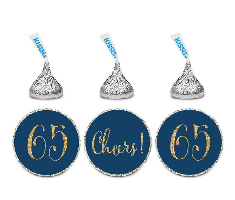 Gold Glitter Hershey's Kisses Stickers, Cheers 65, Happy 65th Birthday, Anniversary, Reunion-Set of 216-Andaz Press-Navy Blue-