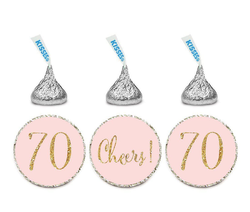 Gold Glitter Hershey's Kisses Stickers, Cheers 70, Happy 70th Birthday, Anniversary, Reunion-Set of 216-Andaz Press-Blush Pink-