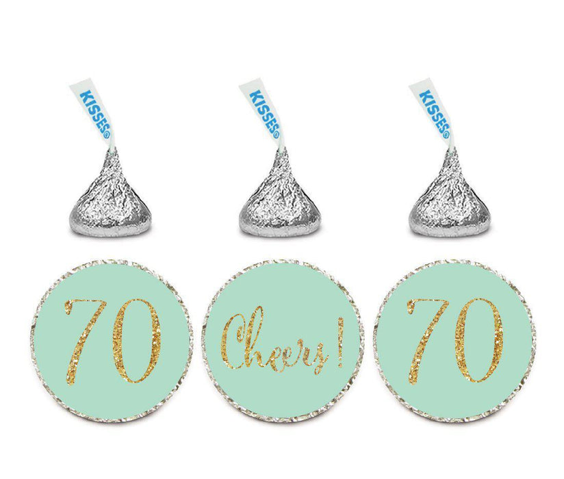 Gold Glitter Hershey's Kisses Stickers, Cheers 70, Happy 70th Birthday, Anniversary, Reunion-Set of 216-Andaz Press-Mint Green-