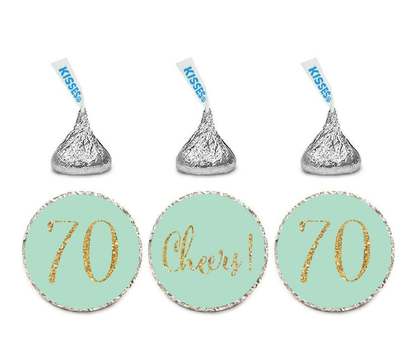 Gold Glitter Hershey's Kisses Stickers, Cheers 70, Happy 70th Birthday, Anniversary, Reunion-Set of 216-Andaz Press-Mint Green-