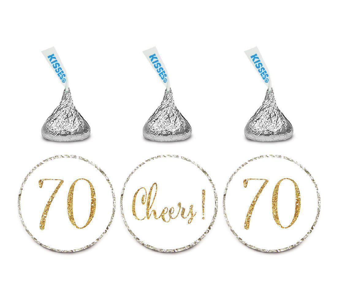 Gold Glitter Hershey's Kisses Stickers, Cheers 70, Happy 70th Birthday, Anniversary, Reunion-Set of 216-Andaz Press-White-