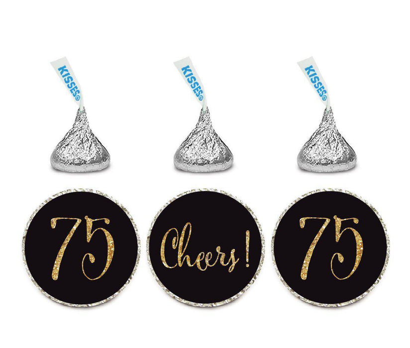 Gold Glitter Hershey's Kisses Stickers, Cheers 75, Happy 75th Birthday, Anniversary, Reunion-Set of 216-Andaz Press-White-