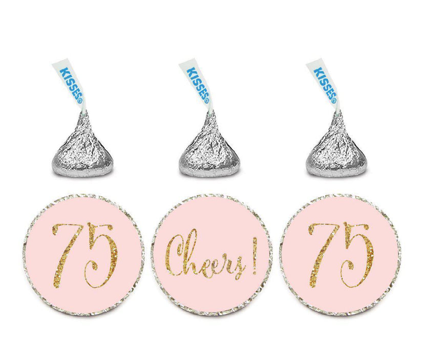 Gold Glitter Hershey's Kisses Stickers, Cheers 75, Happy 75th Birthday, Anniversary, Reunion-Set of 216-Andaz Press-Blush Pink-