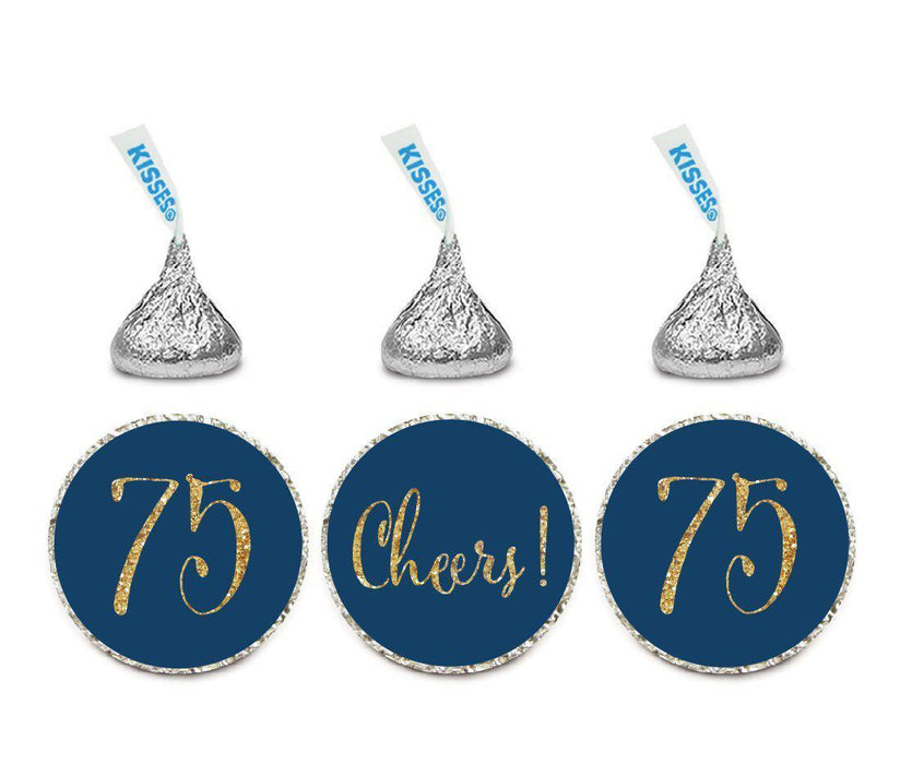 Gold Glitter Hershey's Kisses Stickers, Cheers 75, Happy 75th Birthday, Anniversary, Reunion-Set of 216-Andaz Press-Navy Blue-