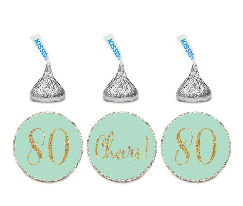 Gold Glitter Hershey's Kisses Stickers, Cheers 80, Happy 80th Birthday, Anniversary, Reunion-Set of 216-Andaz Press-White-