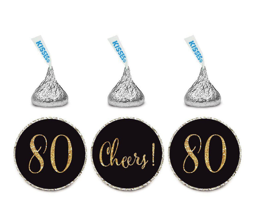 Gold Glitter Hershey's Kisses Stickers, Cheers 80, Happy 80th Birthday, Anniversary, Reunion-Set of 216-Andaz Press-White-