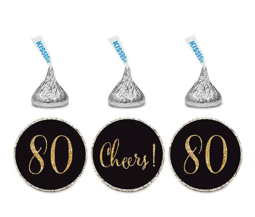Gold Glitter Hershey's Kisses Stickers, Cheers 80, Happy 80th Birthday, Anniversary, Reunion-Set of 216-Andaz Press-Black-