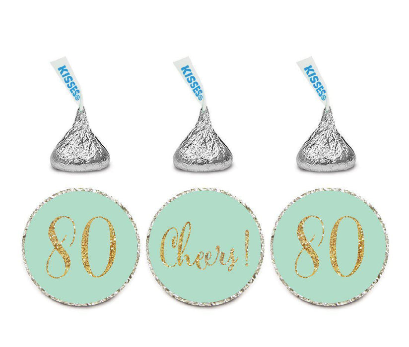 Gold Glitter Hershey's Kisses Stickers, Cheers 80, Happy 80th Birthday, Anniversary, Reunion-Set of 216-Andaz Press-Mint Green-