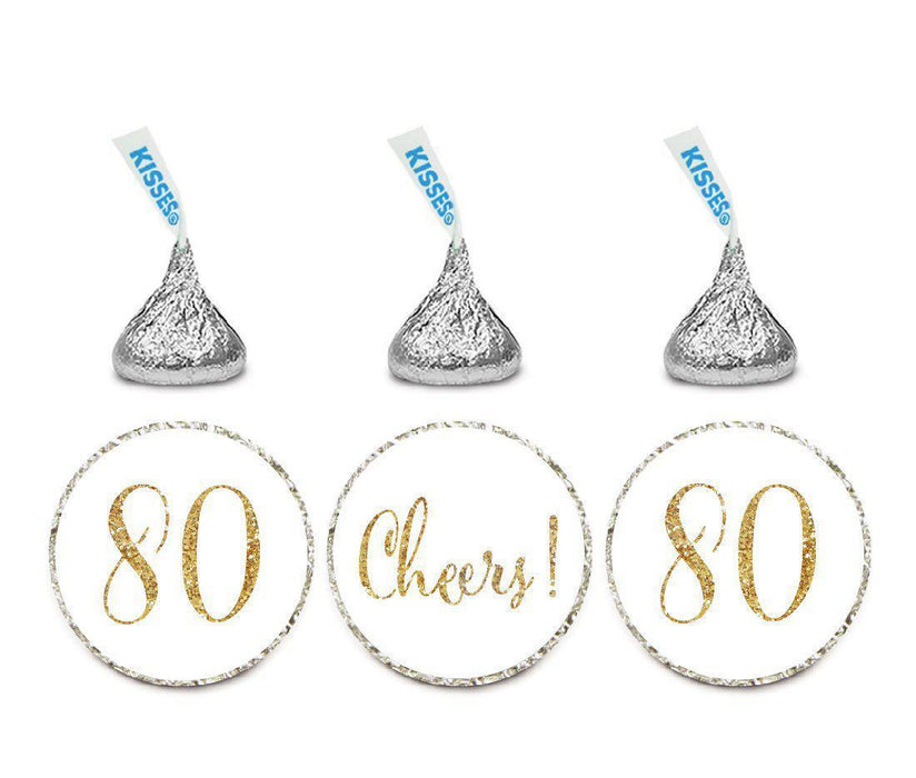 Gold Glitter Hershey's Kisses Stickers, Cheers 80, Happy 80th Birthday, Anniversary, Reunion-Set of 216-Andaz Press-White-