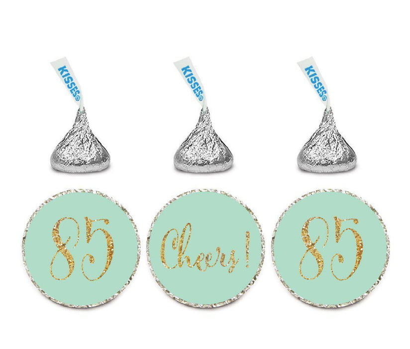 Gold Glitter Hershey's Kisses Stickers, Cheers 85, Happy 85th Birthday, Anniversary, Reunion-Set of 216-Andaz Press-White-