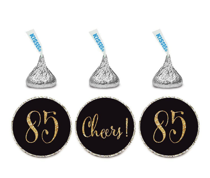Gold Glitter Hershey's Kisses Stickers, Cheers 85, Happy 85th Birthday, Anniversary, Reunion-Set of 216-Andaz Press-White-