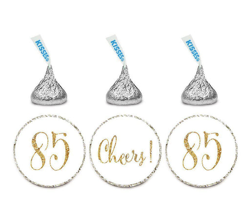 Gold Glitter Hershey's Kisses Stickers, Cheers 85, Happy 85th Birthday, Anniversary, Reunion-Set of 216-Andaz Press-White-