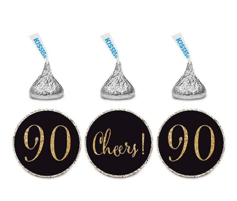 Gold Glitter Hershey's Kisses Stickers, Cheers 90, Happy 90th Birthday, Anniversary, Reunion-Set of 216-Andaz Press-Black-
