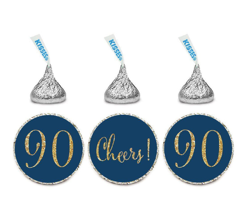Gold Glitter Hershey's Kisses Stickers, Cheers 90, Happy 90th Birthday, Anniversary, Reunion-Set of 216-Andaz Press-Navy Blue-