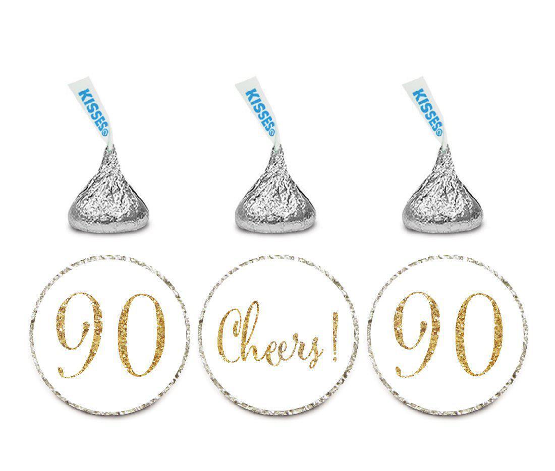 Gold Glitter Hershey's Kisses Stickers, Cheers 90, Happy 90th Birthday, Anniversary, Reunion-Set of 216-Andaz Press-White-
