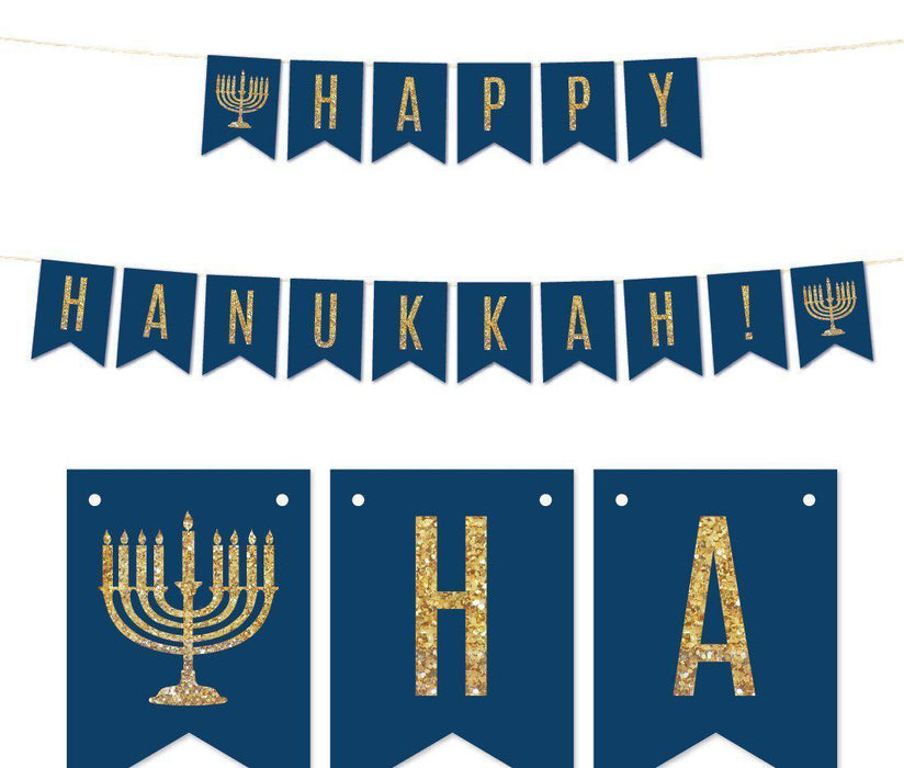 Gold Glitter Holiday Hanging Pennant Party Banner-Set of 1-Andaz Press-Happy Hanukkah!-