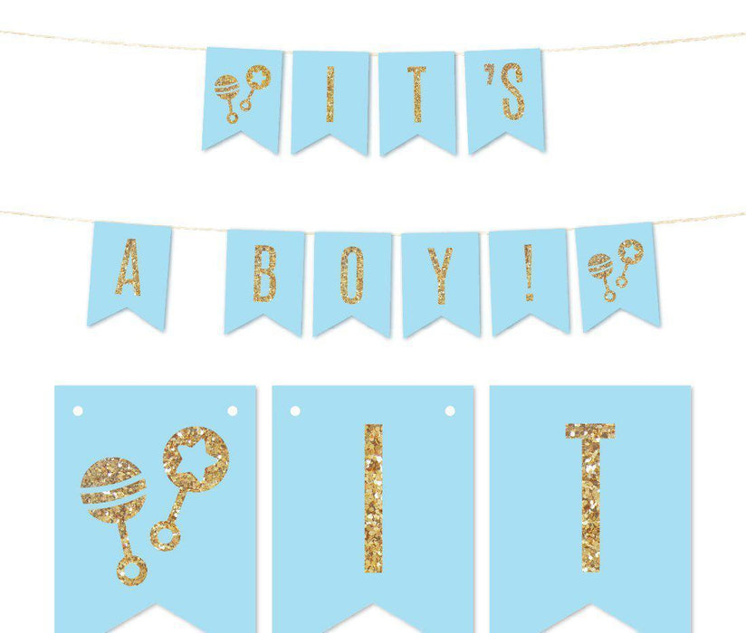 Gold Glitter It's A Girl/It's A Boy Hanging Pennant Party Banner-Set of 1-Andaz Press-Baby Blue-